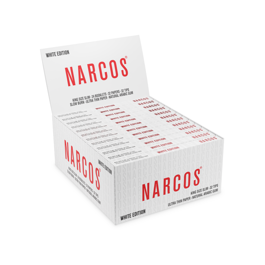 NARCOS ROLLING PAPER WHITE EDITION / KING SIZE SLIM + 32 TIPS / DISPLAY 24