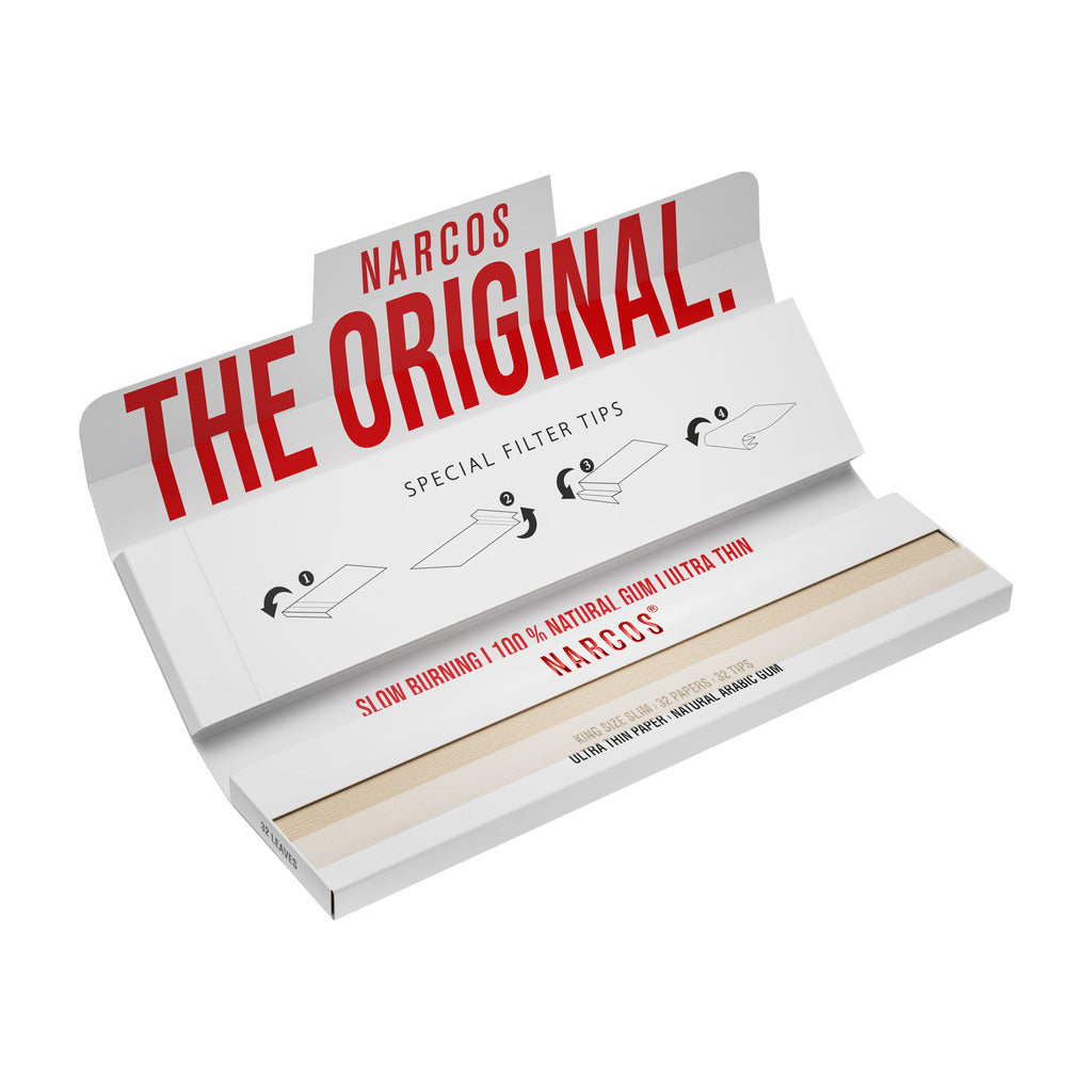 NARCOS ROLLING PAPER WHITE EDITION / KING SIZE SLIM + 32 TIPS / DISPLAY 24